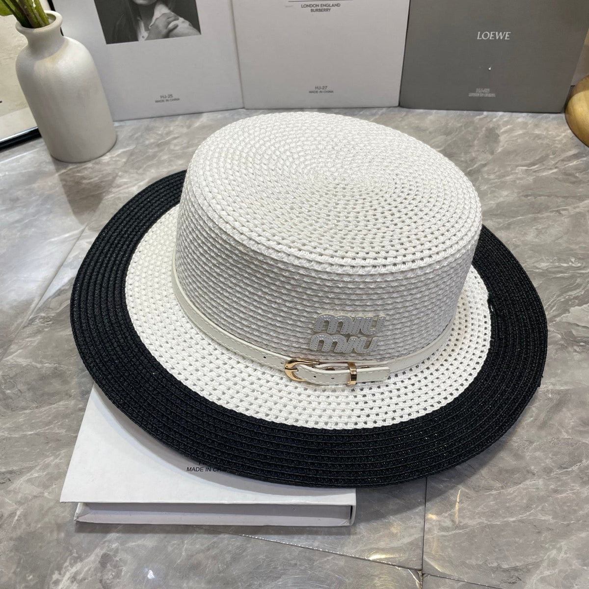 MIU MIU Raffia Straw Boater Hat